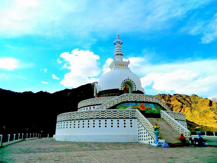 Shanti Stupa is a Buddhist white-domed stupa (chorten) on a hilltop, holds the relics of the Buddha at its base, enshrined by the 14th Dalai Lama