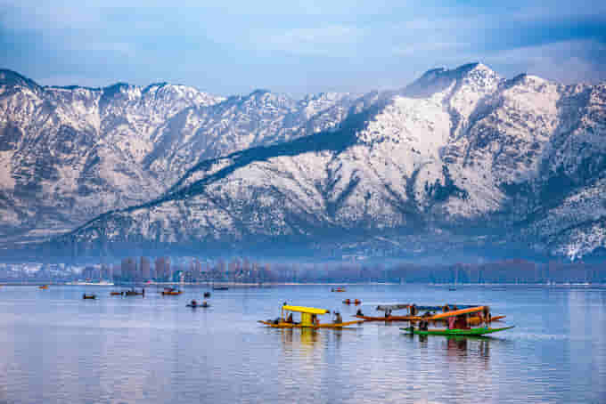 Panoramic view of Shikara boat on dal lake, Kashmir