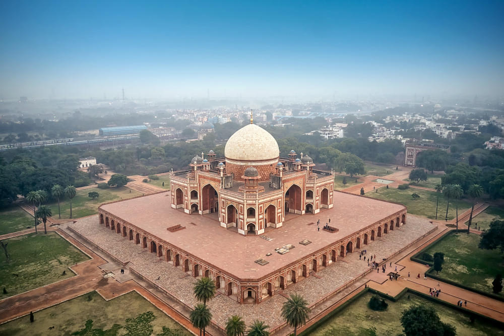 Look at the famous Humayun Tomb from a bird view angle