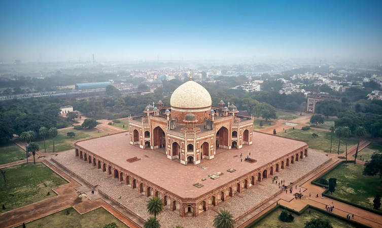 Look at the famous Humayun Tomb from a bird view angle
