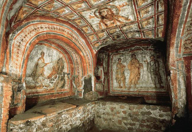 See the  crypt's decorative frescoes on the wall