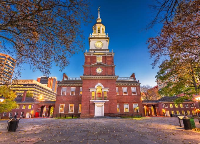 Brick façade of Independence Hall in Philadelphia