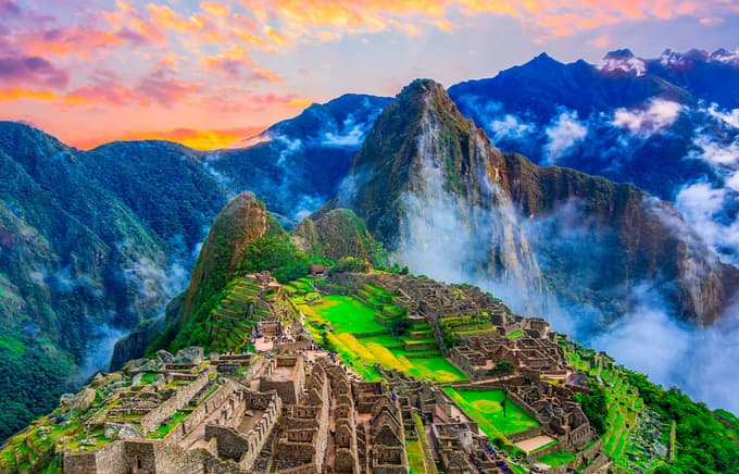 Huayna Picchu peak rising behind Machu Picchu complex