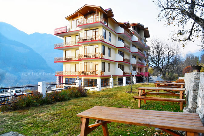 Resort view with lush green lawn