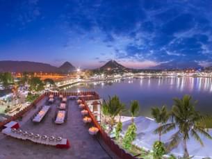 Aerial view of the Hotel Pushkar Palace from the front top