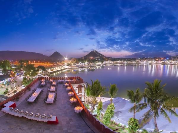 Aerial view of the Hotel Pushkar Palace from the front top