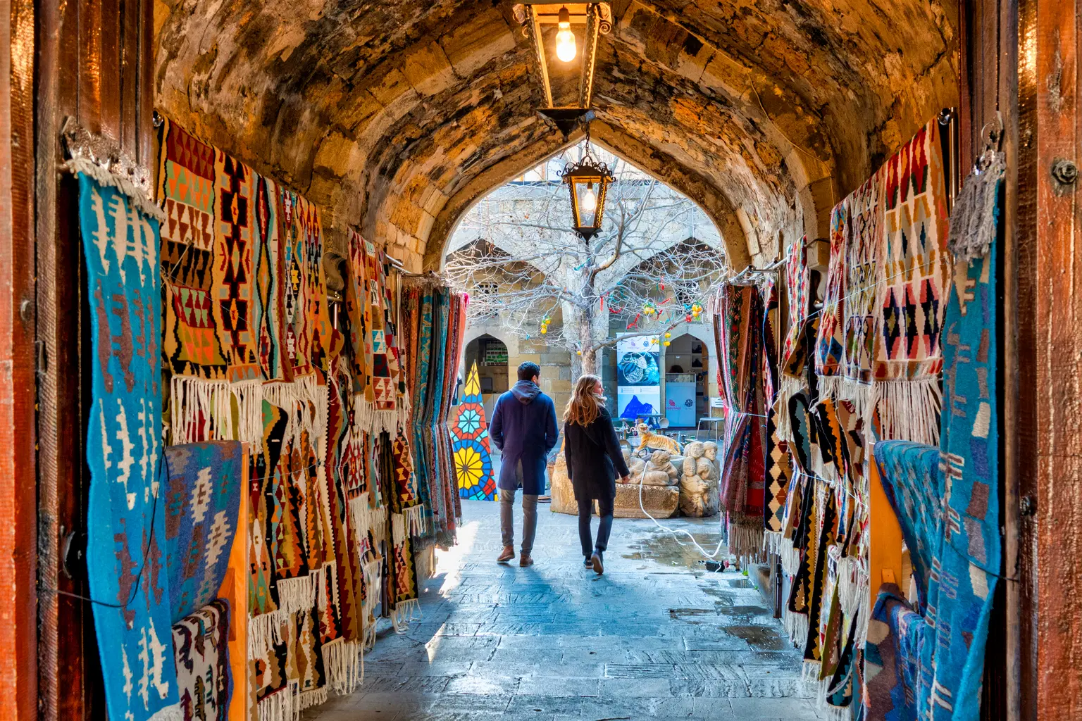 Colorful carpet market in Baku's Old City, Azerbaijan.