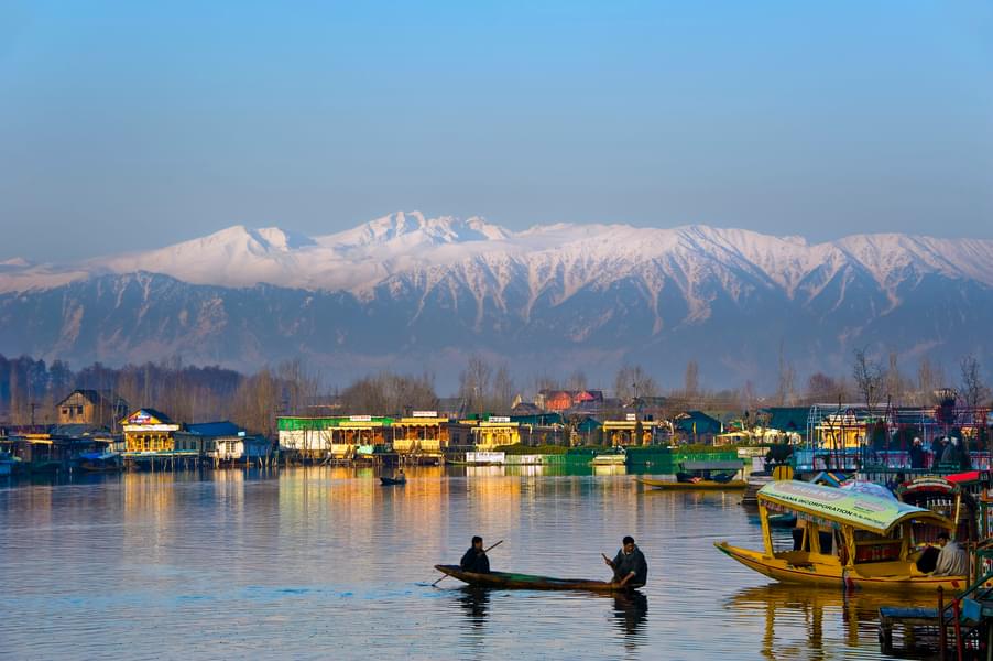 Experience a serene morning on the Dal Lake, with a wooden gliding through its tranquil waters