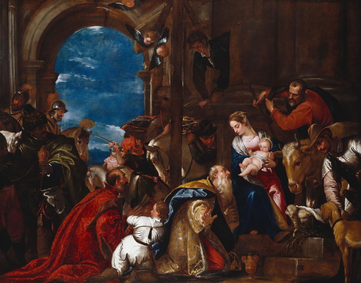 You can see The Adoration of Kings by Paolo Veronese in Royal Collection of Windsor