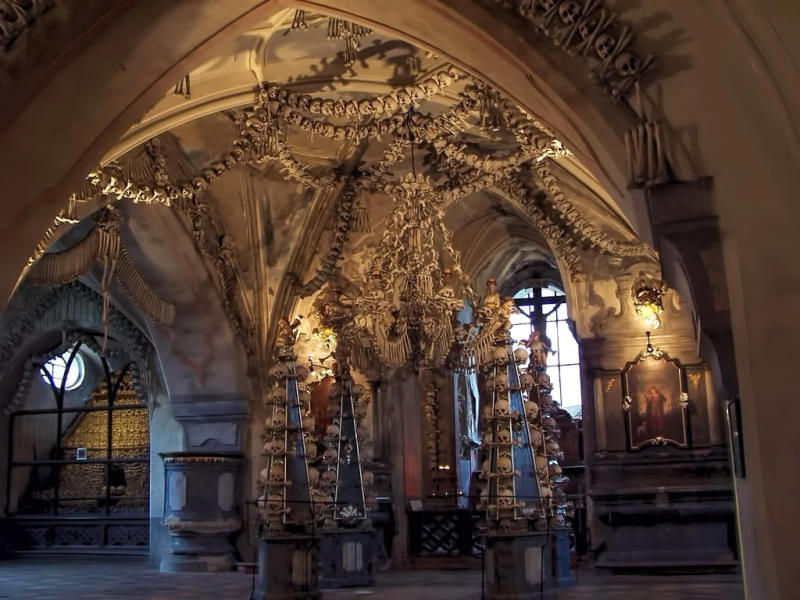 Take a look at the quirky bone decorations across the crypt & museum