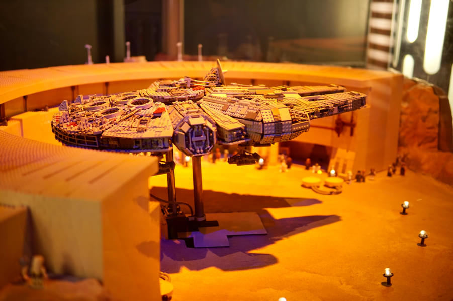 A small-scale lego brick model of the Millennium Falcon from the Star Wars movies