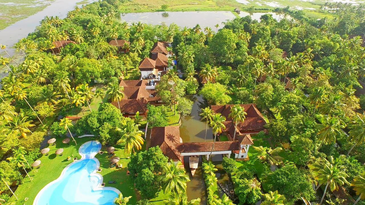 Aerial view of the Coconut Lagoon Resort from the front side