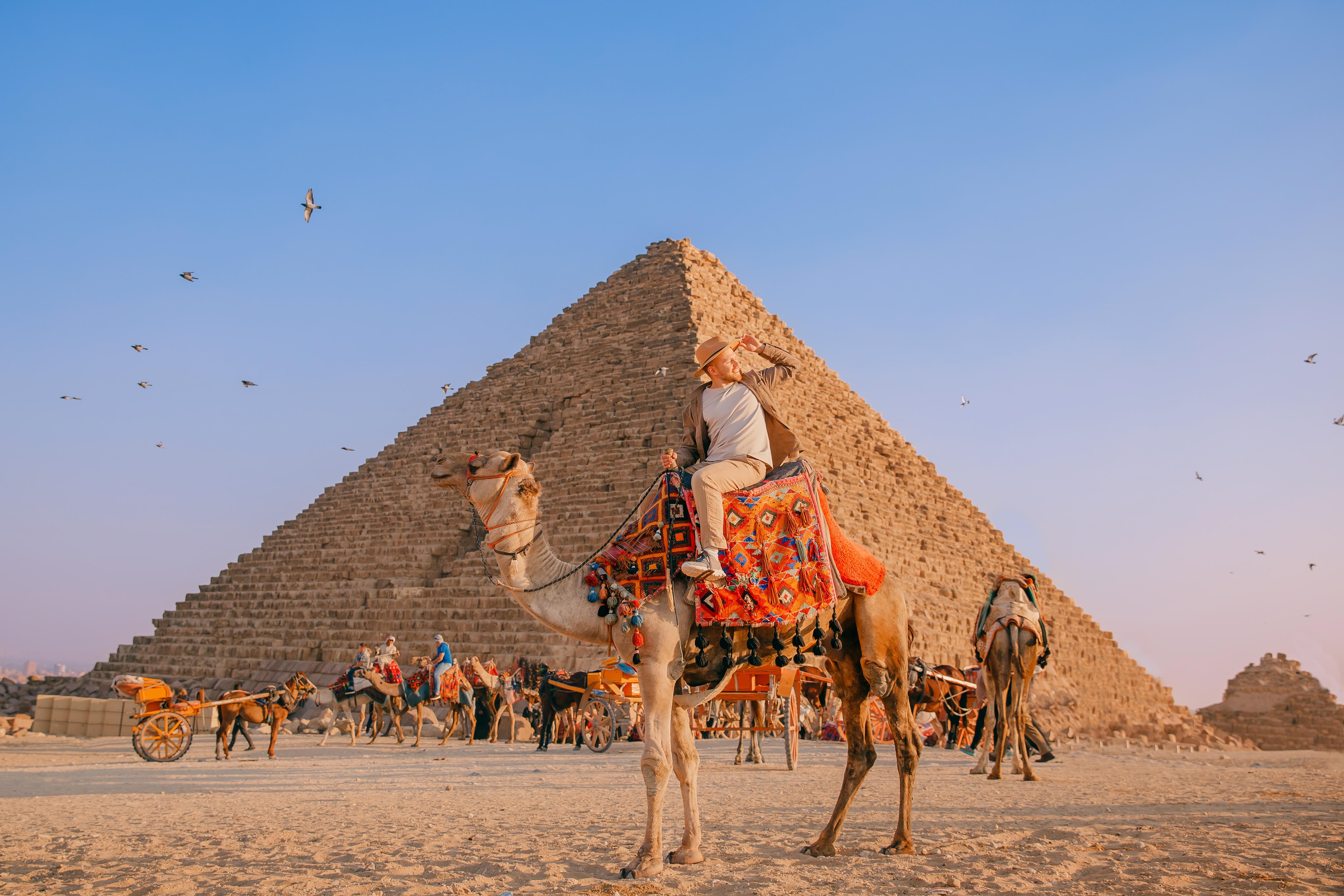 riding on camel background pyramid of Egyptian Giza