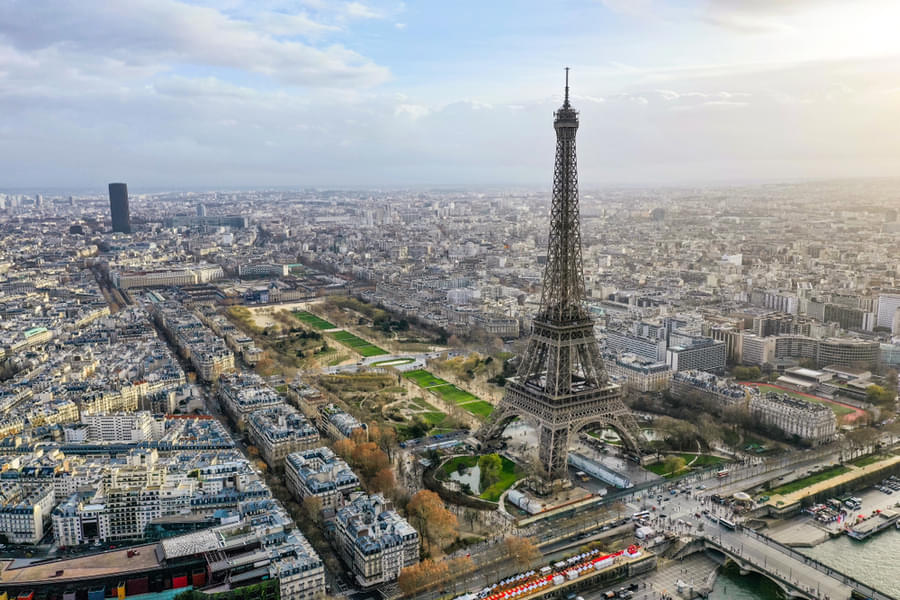 Witness an aerial view of the Eiffel Tower
