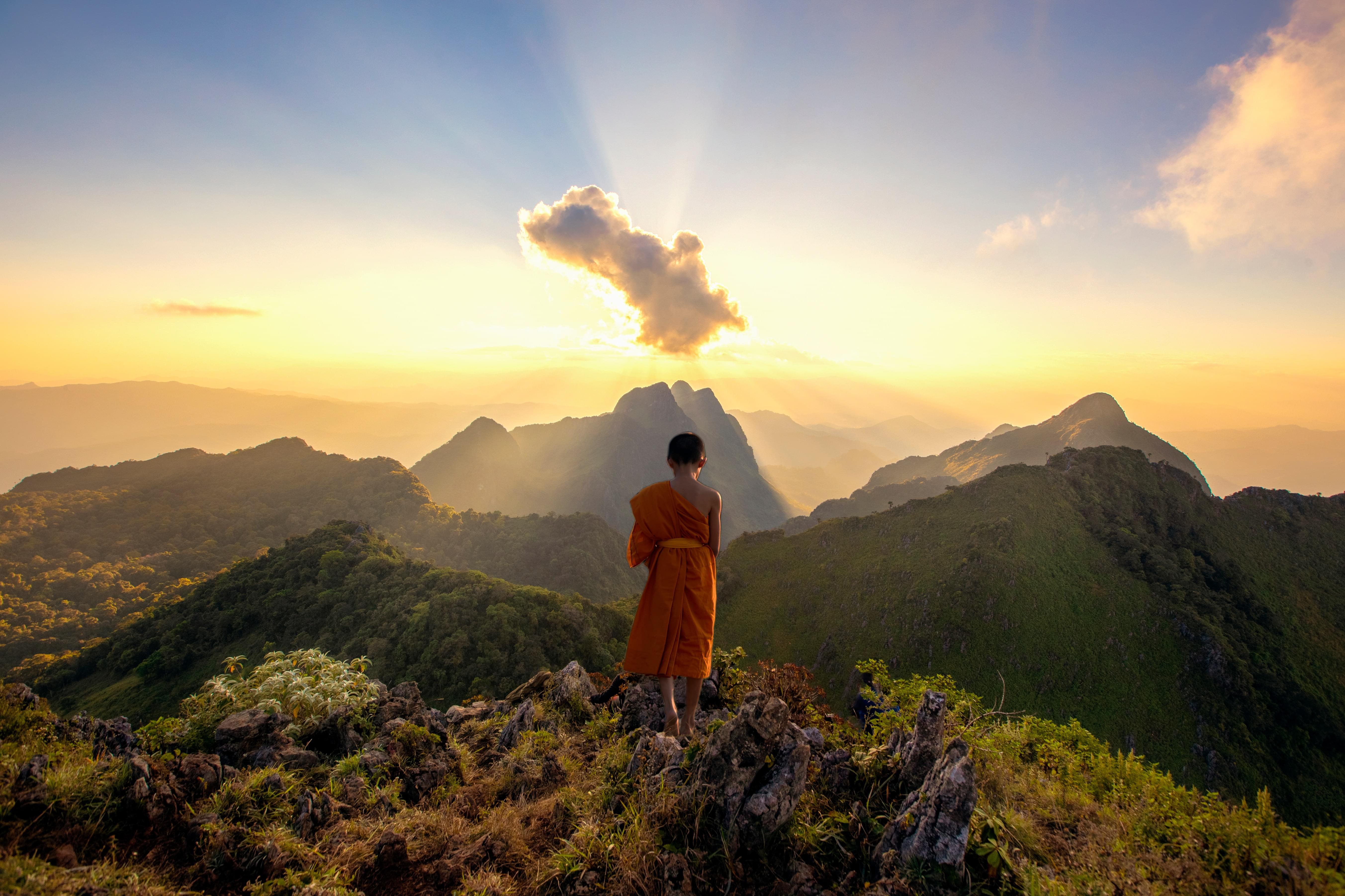 Buddhist Monk Looking at the Beautiful Himalayan Foothills