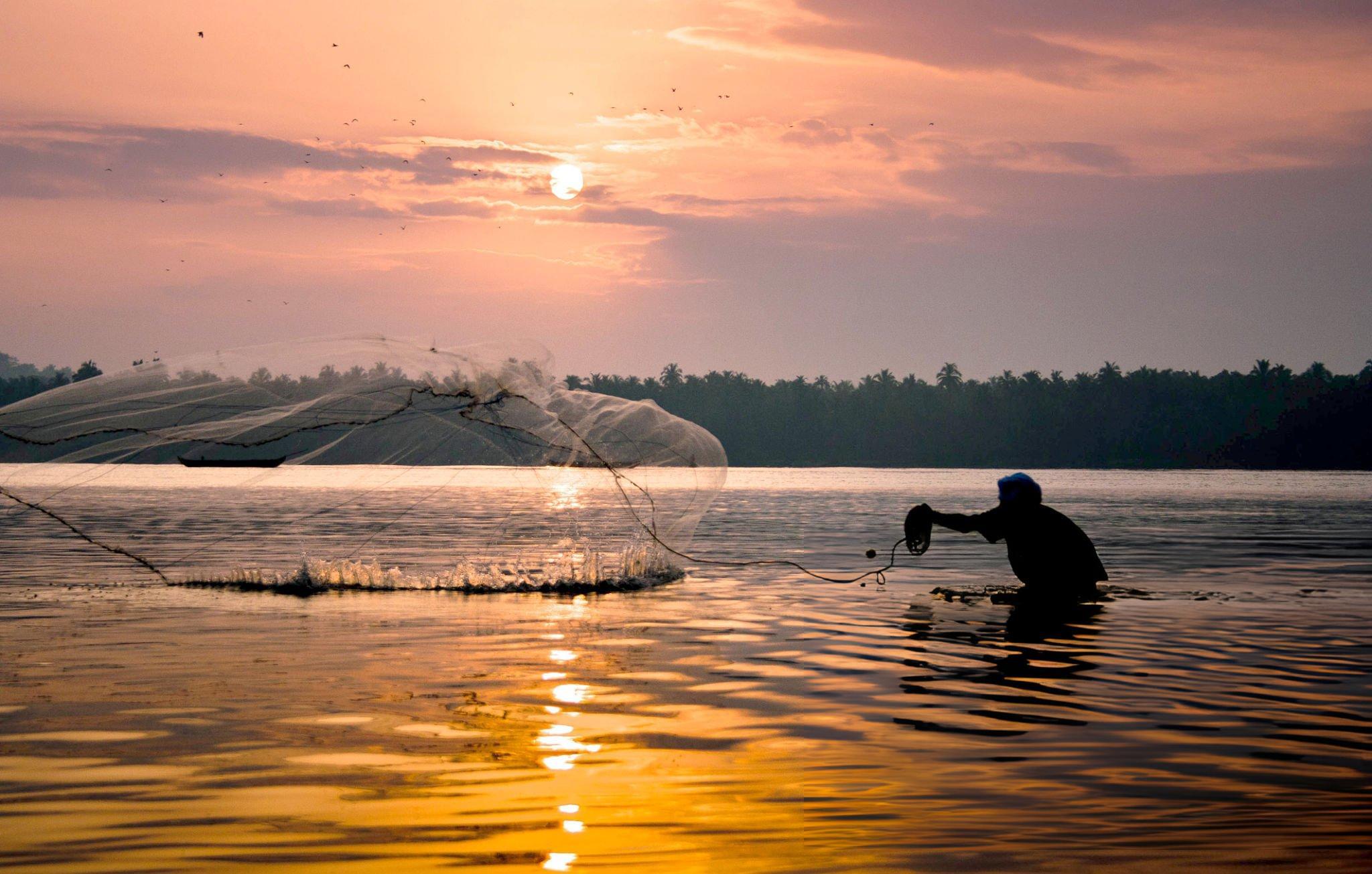 Fisherman casting his net at sunrise