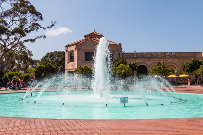 Sit on the patio and look out at the view of the Balboa Park Bea Evenson Fountain