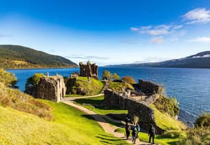 Ruins of Urquhart Castle beside Loch Ness shoreline