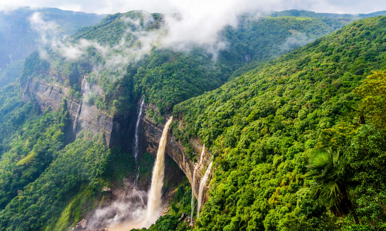Experience the awe-inspiring Nohkalikai Waterfalls as it plunges down the cliff