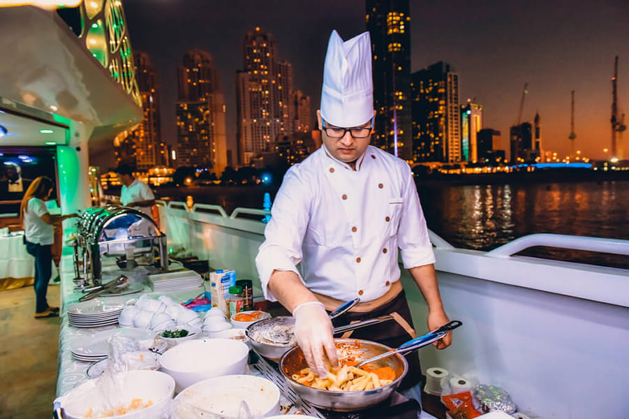 Enjoy delicious food from live cooking stations on board