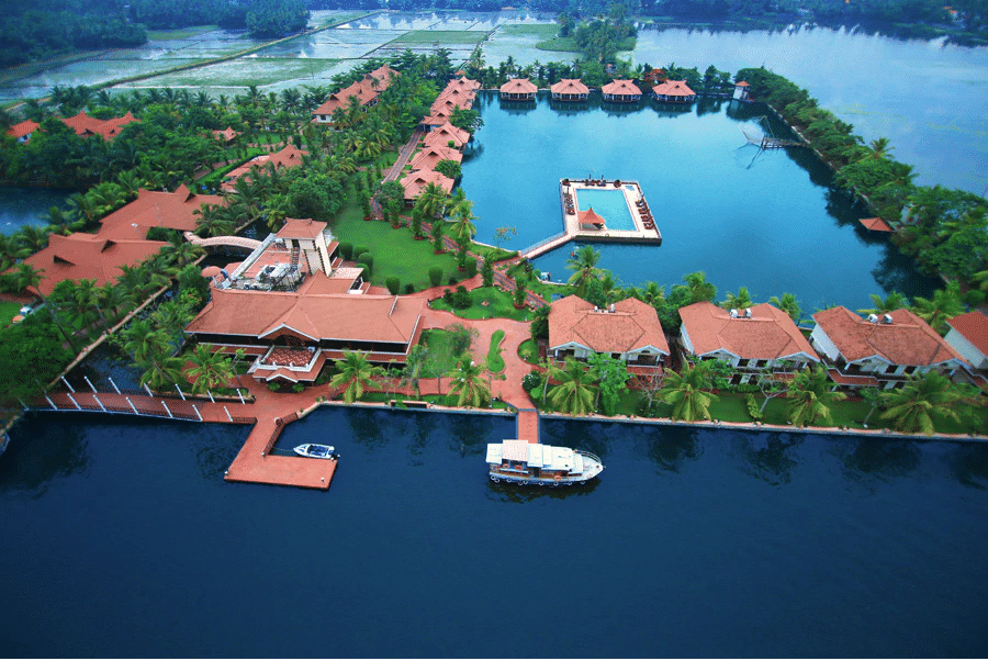 Aerial view of the Lake Palace Resort from the front side