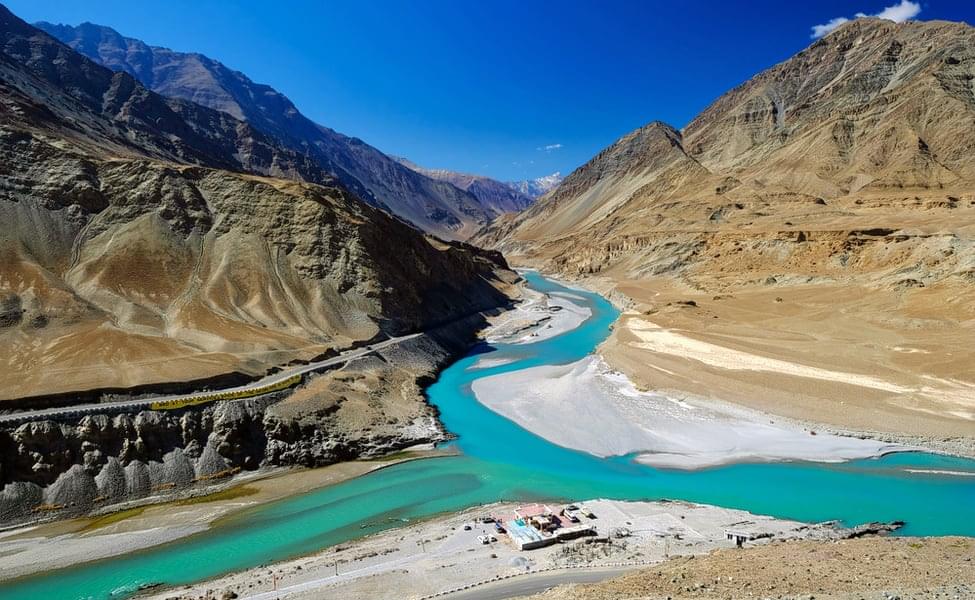 The Confluence – Indus & Zanskar - At times, at the Sangam, the Indus River can be seen as shiny blue while the Zanskar river is dirty green.