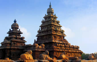 Intricate Dravidian Architecture of Mahabalipuram Shore Temple, Tamil Nadu