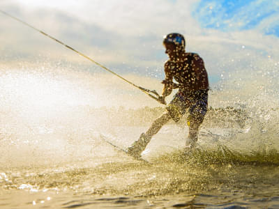 Splashes creating an extraordinary shot of wakeboarding