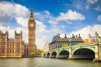 Panoramic view of Westminster Bridge, Big Ben and Houses of Parliament, London