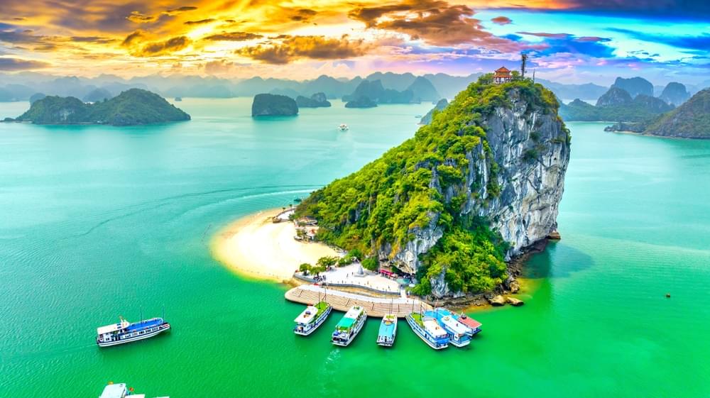 Aerial view of sunset landscape at Halong Bay, Vietnam