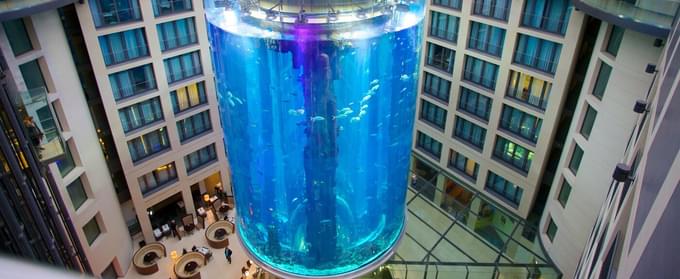 Take a look at Aquadom a cylindrical acrylic glass aquarium in Berlin