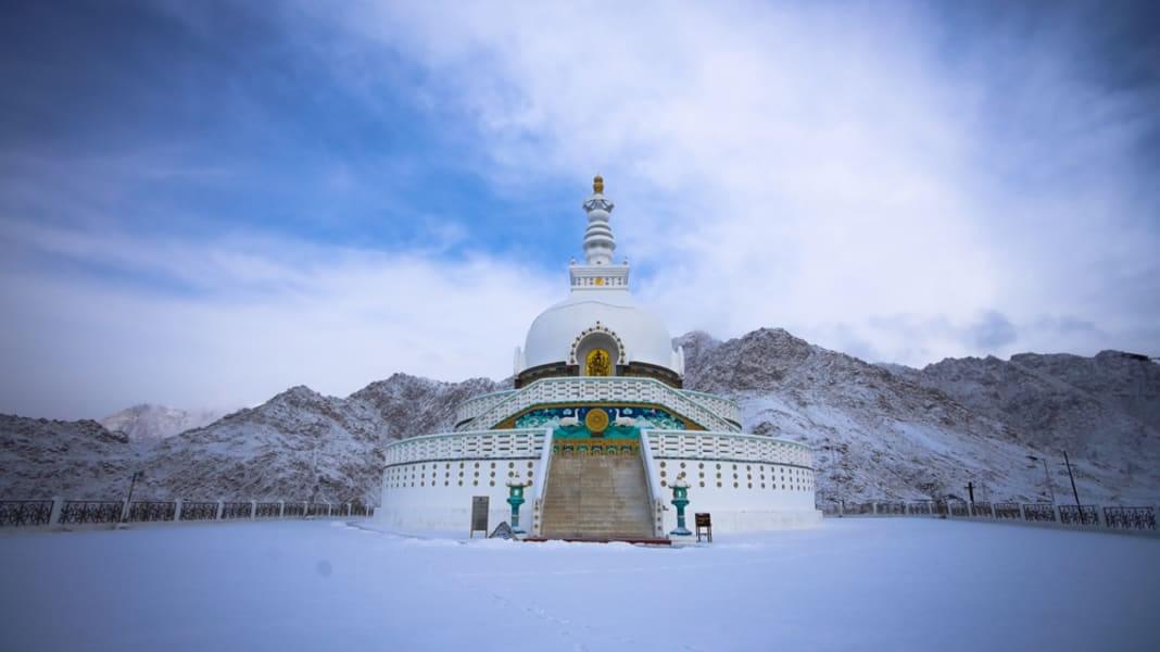 Behold the majestic beauty of Shanti Stupa, standing tall atop a hill in Leh