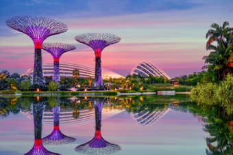 Beautiful evening view of gardens by the bay lights
