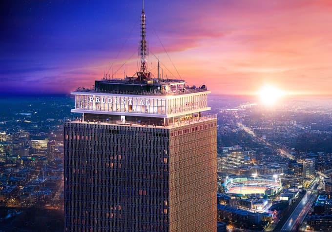 Aerial perspective of Boston’s skyline along with the Prudential Tower