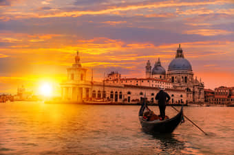 Beautiful sunset on a gondola-style boat