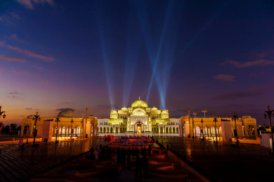 See the allure of Qasr Al Watan as it illuminates the night with a captivating display of lights
