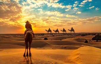 Female tourist on camel safari, Jaisalmer