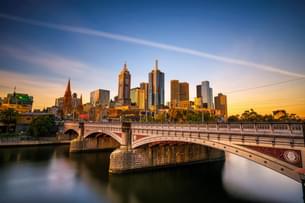 Sunset over skyline of Melbourne, Australia