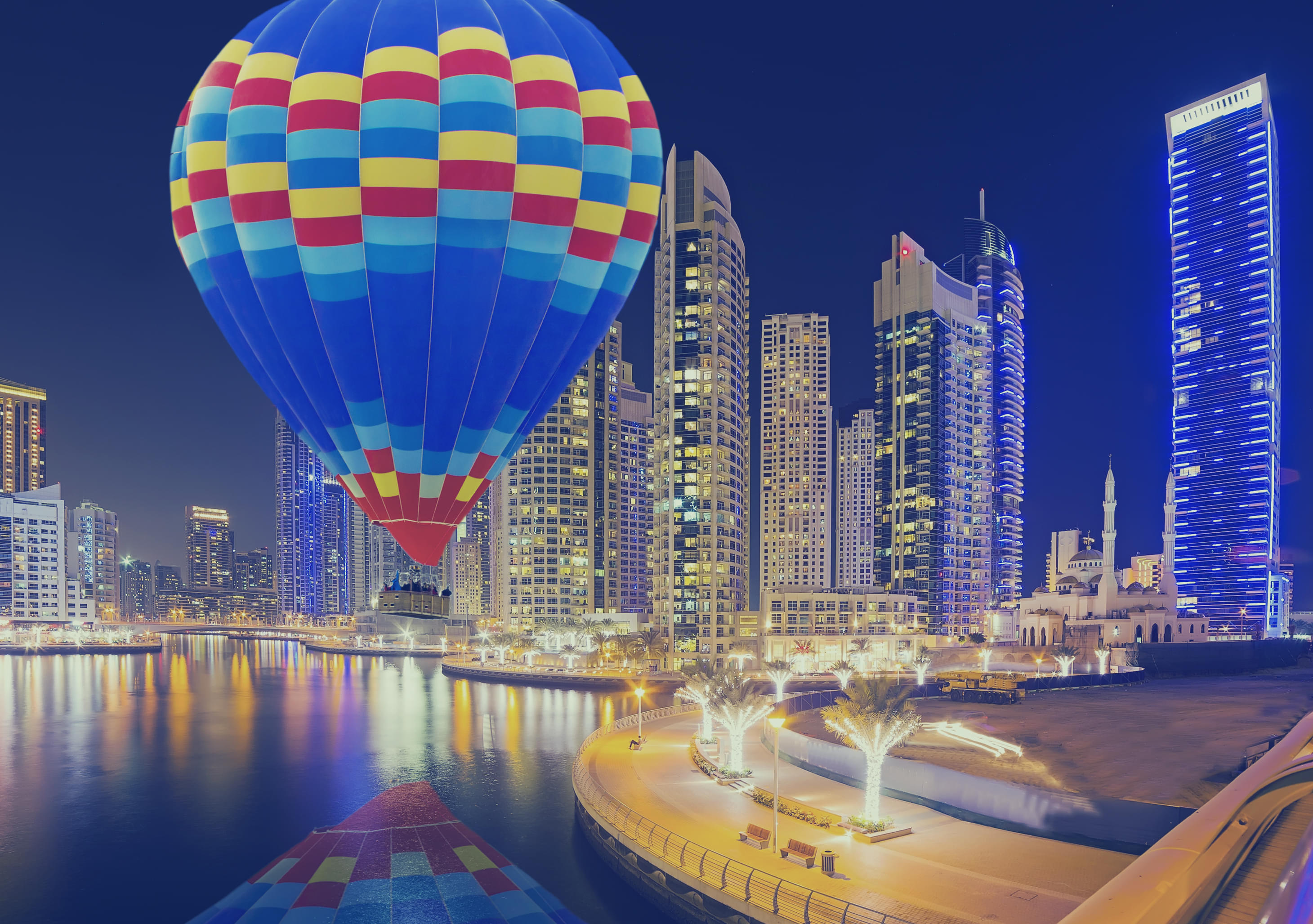Hot Air Balloon Ride at Dubai Marina Mosque Night Skyline