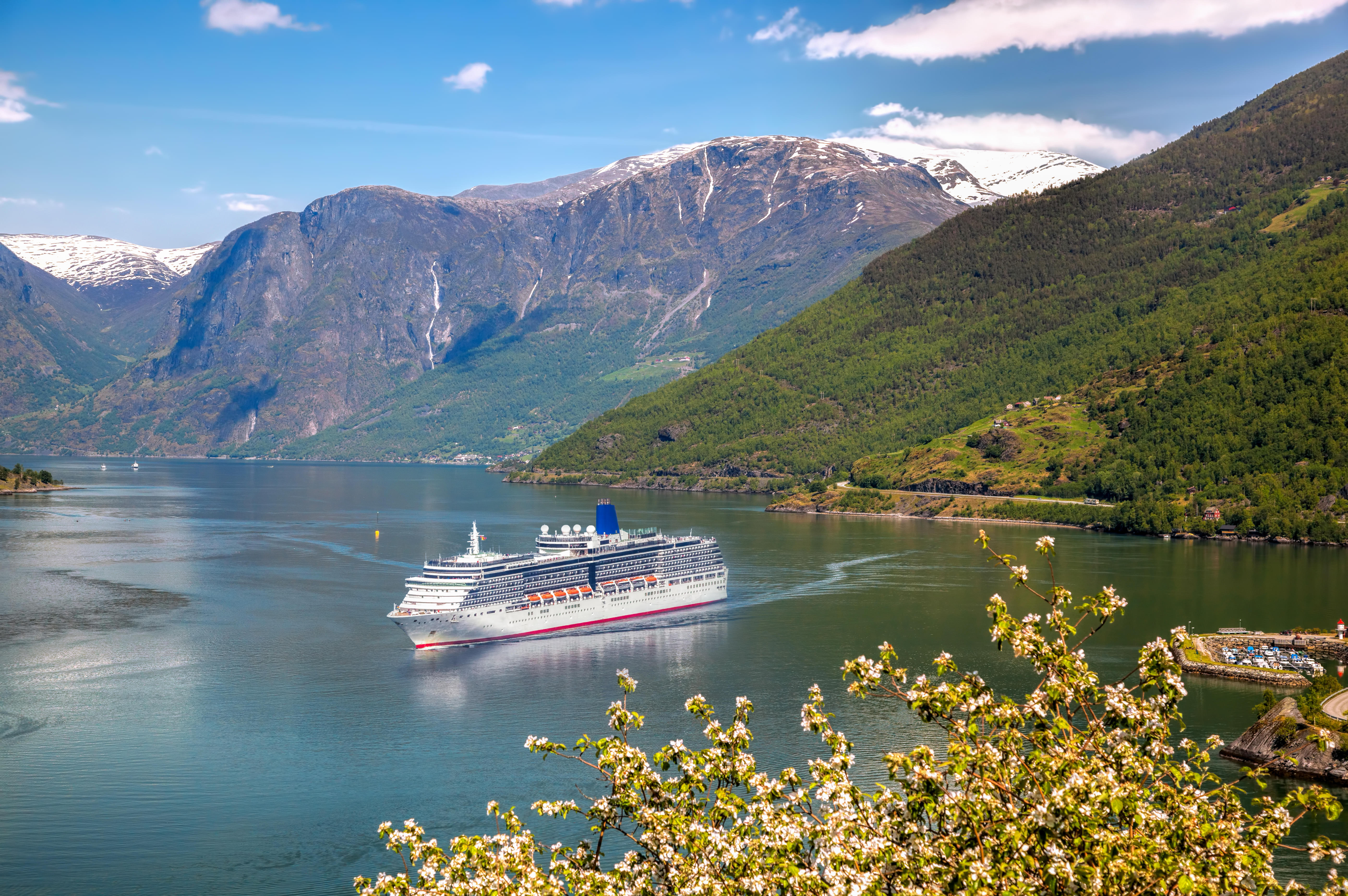 Cruise ship in fjord, Flam