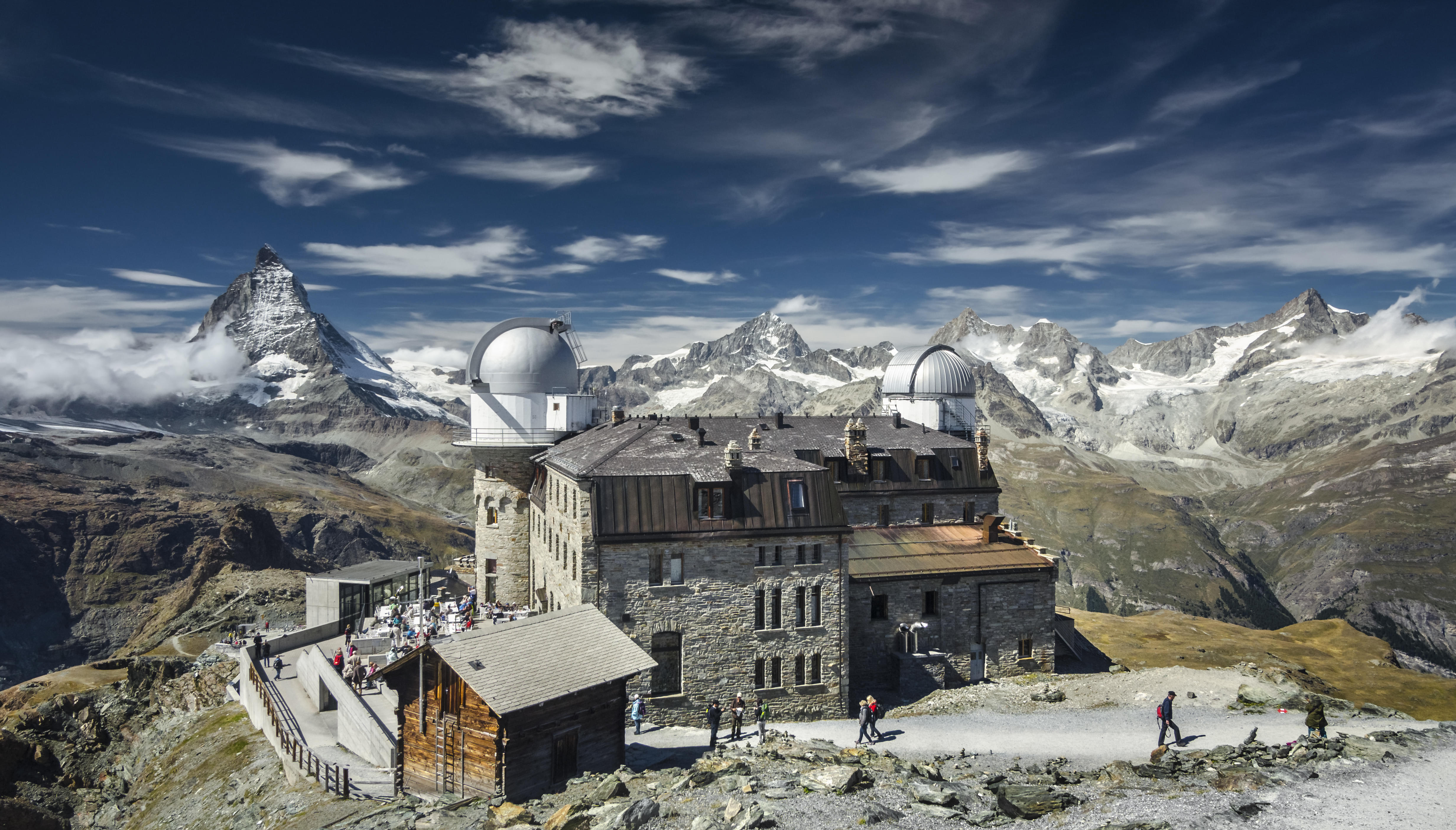 Marvel at the magnificent view of Hotel Gornergrat Kulm, the highest hotel in the Swiss Alps