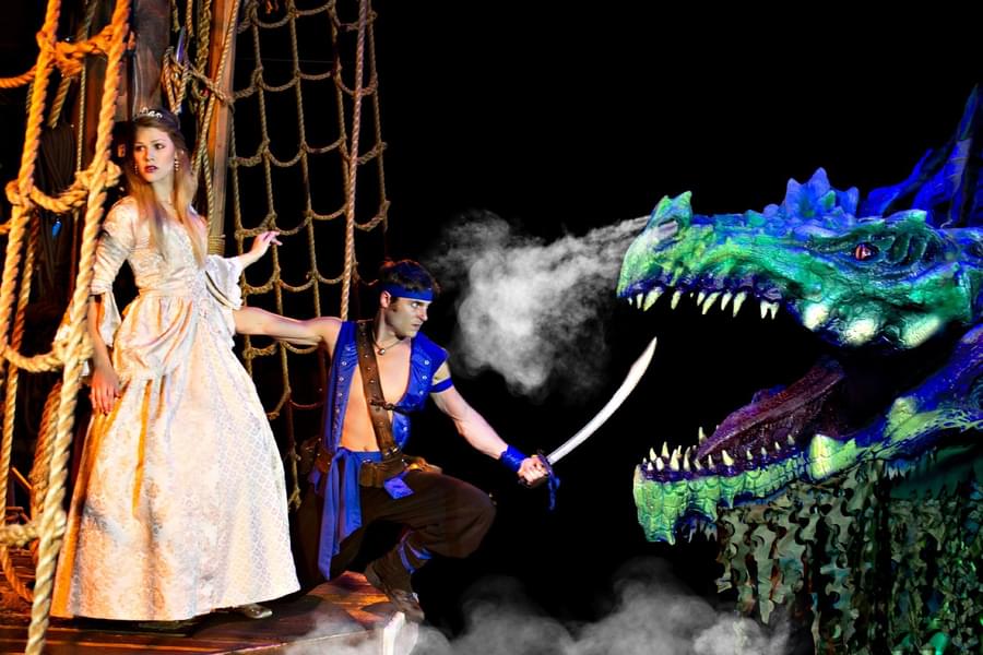 See the pirate and giant dinosaur fighting scene