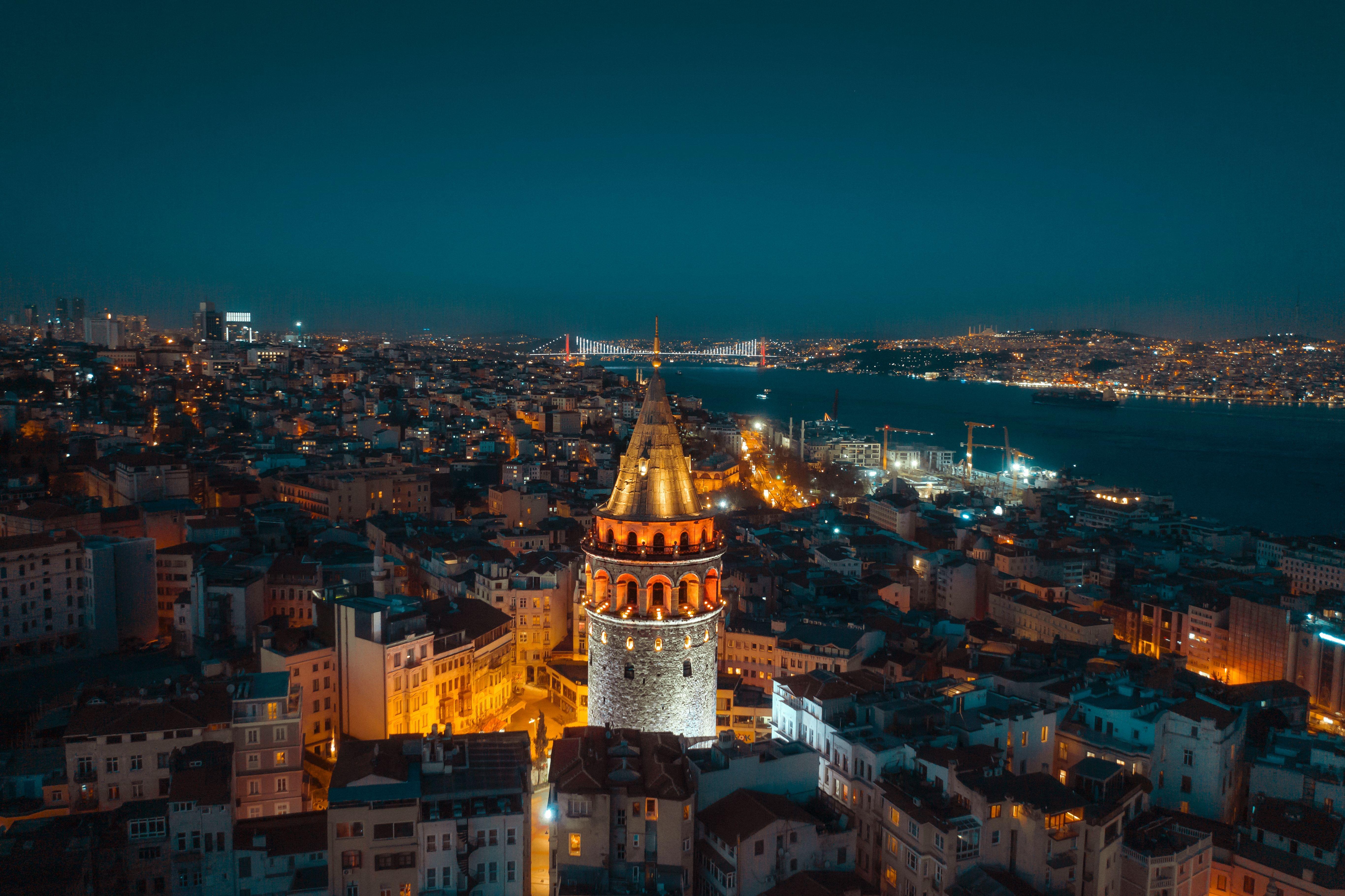 aerial view of galata tower in evening