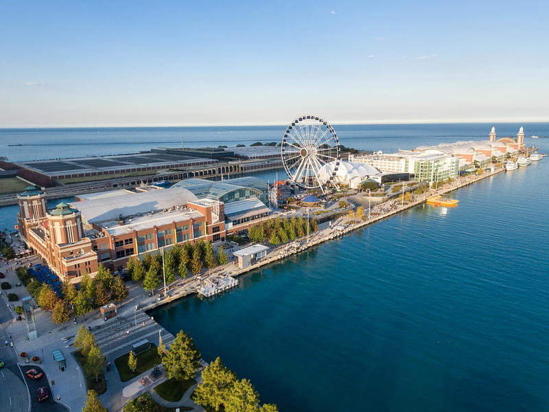 A panoramic view of Chicago Navy Pier and the Centennial Wheel