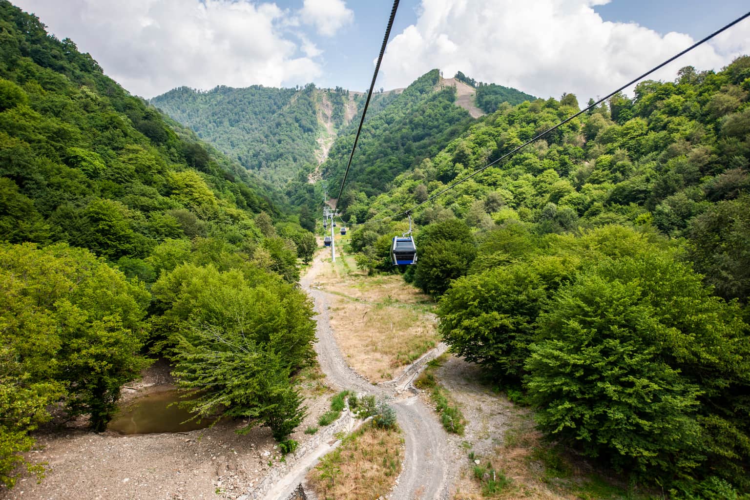 Cable car ride through lush green mountains at Gabala, a popular spot in Azerbaijan tour packages.