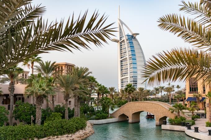 View of Burj al Arab from the water in Dubai Marina