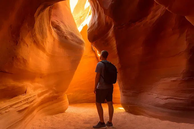 Marvel at the beauty of Peek-a-boo Slot Canyon, a narrow sandstone walls twist into glowing red and orange patterns