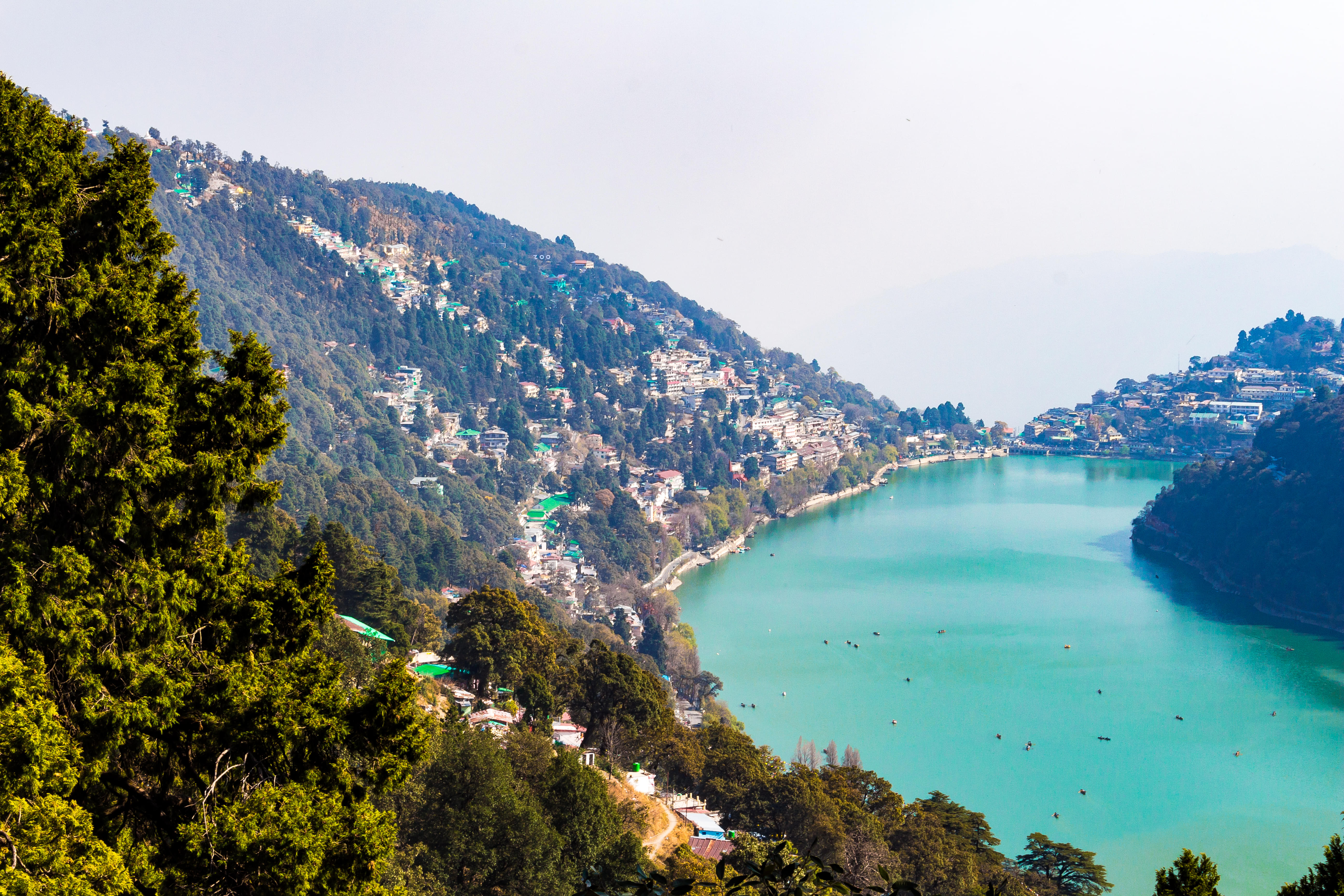 The crescent shaped Naini Lake dotted with colourful boats