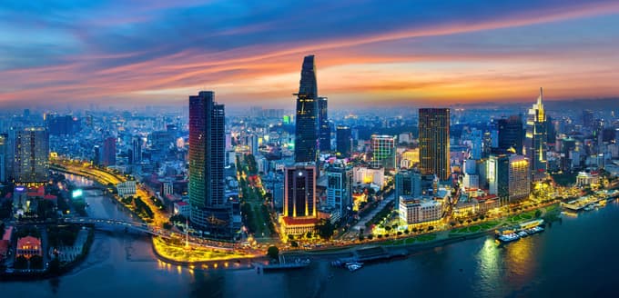 Panoramic of Ho Chi Minh city at twilight in Vietnam