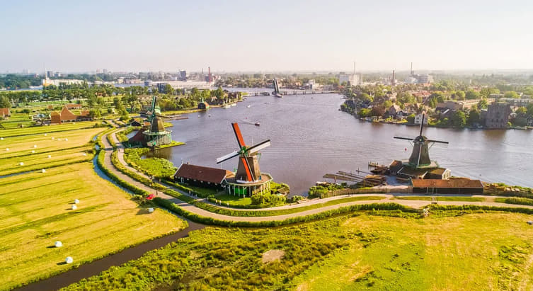Aerial view of authentic windmills at Zaans Schans